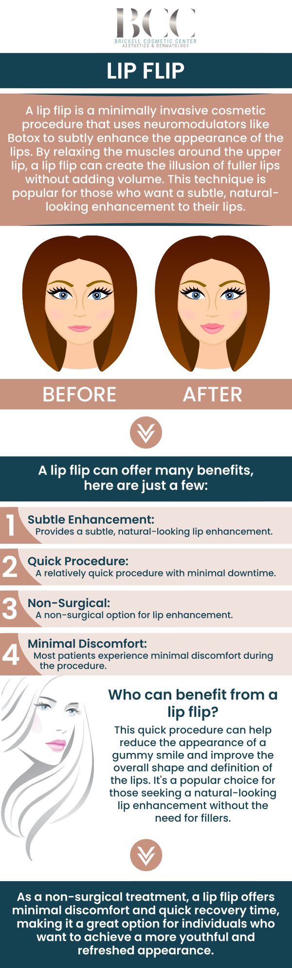 Common questions asked by clients: What is a lip flip? How does a lip flip work? What are the benefits of a lip flip? How long does a lip flip last? For more information, contact us or request an appointment online. We serve patients from Miami FL, Key Biscayne FL, Wynwood FL, Coconut Grove FL, South Miami FL, Coral Gables FL, and surrounding areas.
