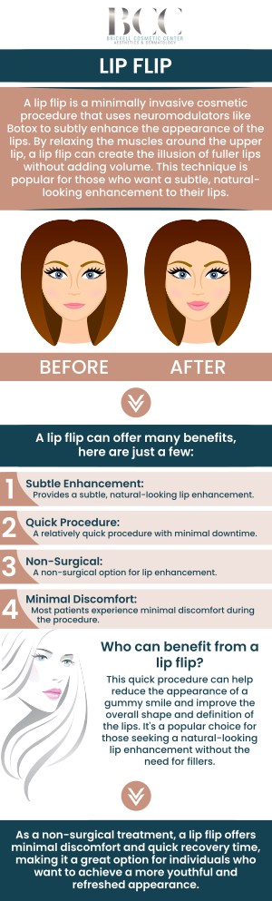 Common questions asked by clients: What is a lip flip? How does a lip flip work? What are the benefits of a lip flip? How long does a lip flip last? For more information, contact us or request an appointment online. We serve patients from Miami FL, Key Biscayne FL, Wynwood FL, Coconut Grove FL, South Miami FL, Coral Gables FL, and surrounding areas.