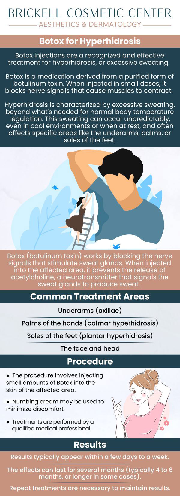 Common questions asked by clients: What is Botox for hyperhidrosis? How does Botox help with excessive sweating? Is Botox for hyperhidrosis safe? How long does Botox for hyperhidrosis last? For more information, contact us or request an appointment online. We serve patients from Miami FL, Key Biscayne FL, Wynwood FL, Coconut Grove FL, South Miami FL, Coral Gables FL, and surrounding areas.