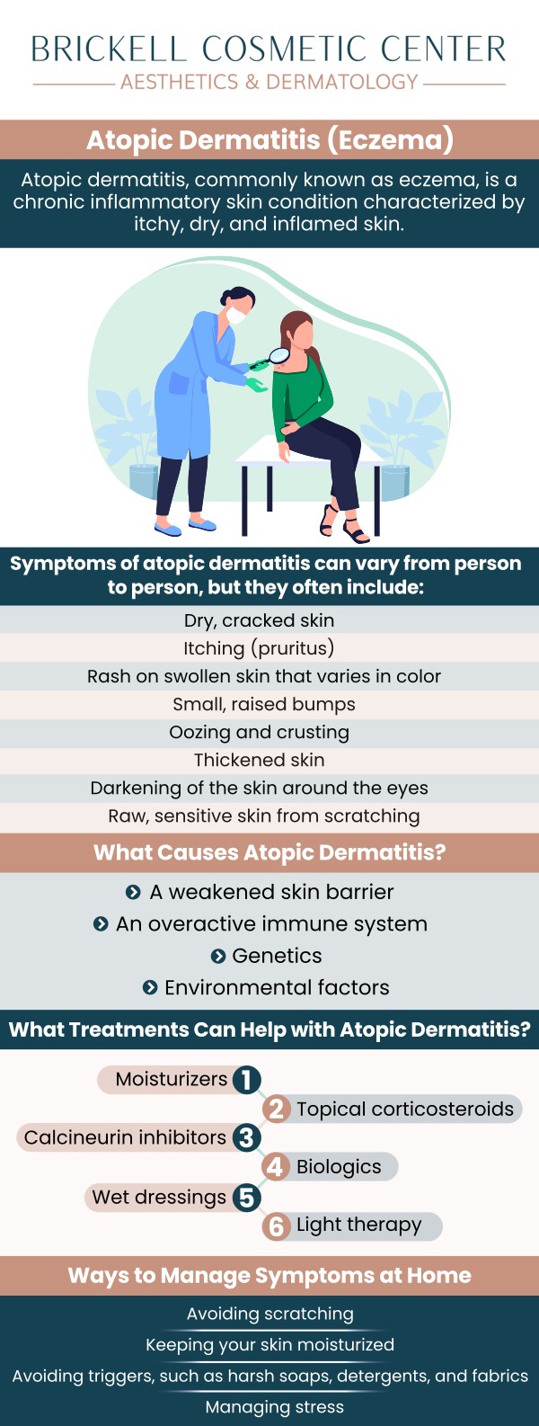At Brickell Cosmetic Center, our team of specialists provides care for eczema, combining medical expertise with personalized treatment plans. We focus on addressing eczema symptoms with effective solutions tailored to each patient’s needs, ensuring optimal skin health and comfort. For more information, contact us or request an appointment online. We are conveniently located at 2730 SW 3rd Ave Ste 100, Miami, FL 33129, United States.
