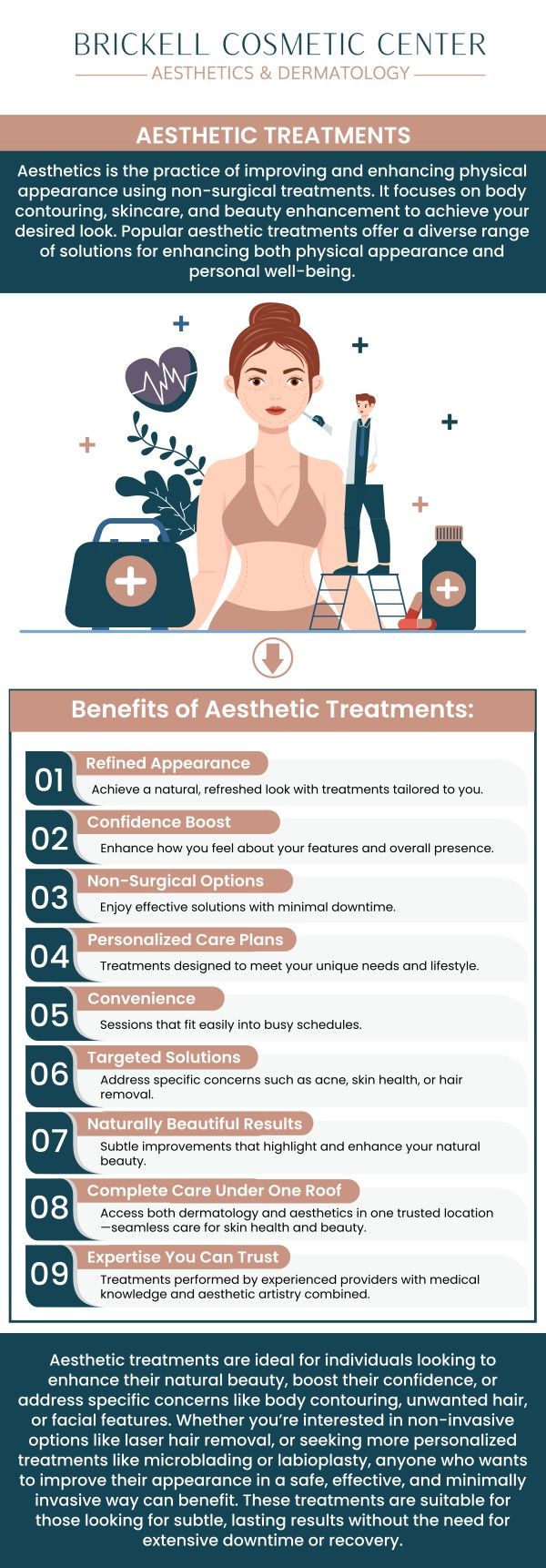 At Brickell Cosmetic Center, we believe true aesthetics go beyond procedures—it’s about empowering your confidence. Our team of specialists, is dedicated to using artistic vision, while ensuring every transformation is as unique as you are. We don't just enhance features; we elevate well-being, providing personalized care that allows your inner confidence to shine through. For more information, contact us or request an appointment online. We are conveniently located at 2730 SW 3rd Ave Ste 100, Miami, FL 33129.