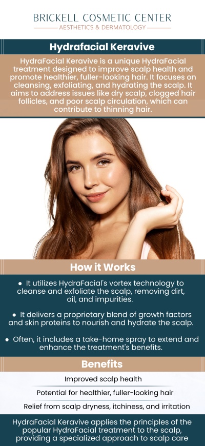 At Brickell Cosmetic Center Hydrafacial Keravive is a trusted service that offers a personalized treatment to promote healthy hair growth and scalp rejuvenation. Hydrafacial Keravive combines the benefits of Hydrafacial technology with scalp-specific treatments to cleanse, exfoliate, and hydrate the scalp, improving hair follicle health. For more information, contact us or request an appointment online. We are conveniently located at 2730 SW 3rd Ave Ste 100, Miami, FL 33129.