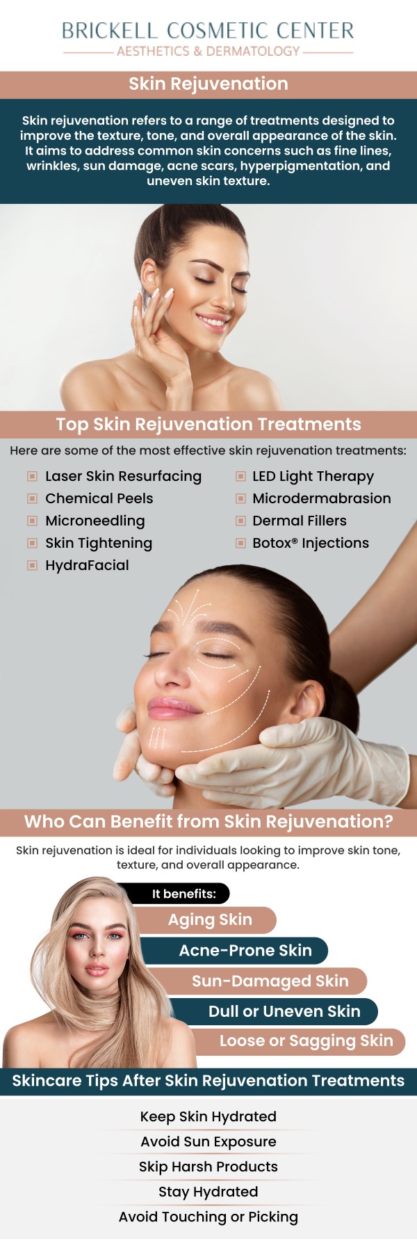 Common questions asked by clients: What is skin rejuvenation? How does skin rejuvenation work? What are the benefits of skin rejuvenation? Is skin rejuvenation safe? How can our experts at Brickell Cosmetic Center enhance your skin with skin rejuvenation? For more information, contact us or request an appointment online. We serve patients from Miami FL, Key Biscayne FL, Wynwood FL, Coconut Grove FL, South Miami FL, Coral Gables FL, and surrounding areas.